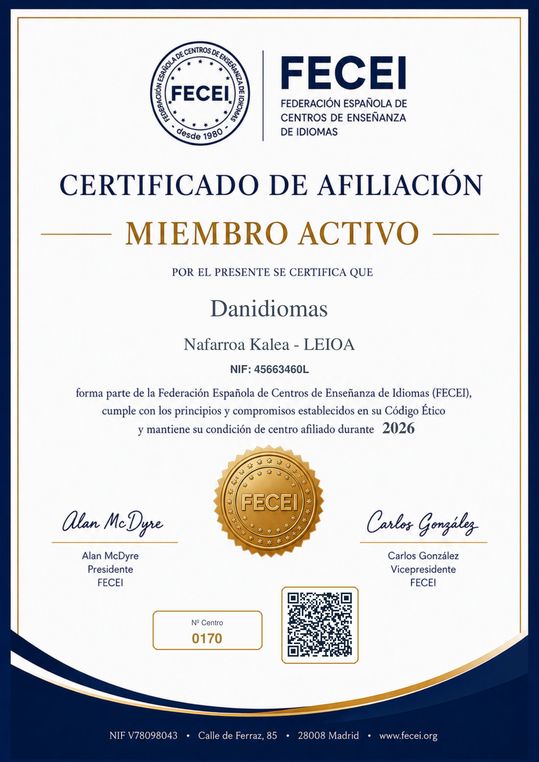 Certificado de afiliación a FECEI como miembro activo de Danidiomas, academia de inglés online, año 2026